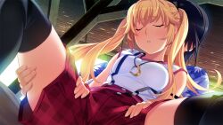 1boy 1girl belt black_hair black_ribbon black_thighhighs blonde_hair blue_shirt breasts buckle ceiling closed_eyes cowboy_shot dutch_angle eyebrows_hidden_by_hair faceless faceless_male fingernails floral_print from_below furrowed_brow game_cg gold_necklace grisaia_(series) grisaia_no_rakuen hair_between_eyes hair_flaps hair_ribbon hands_on_another&#039;s_thighs hands_on_own_thighs heart heart_necklace hetero high-waist_shorts jewelry kazami_yuuji light_blush long_eyelashes long_hair m_legs matsushima_michiru medium_breasts necklace non-web_source official_art parted_lips pink_belt plaid_clothes plaid_shorts raised_eyebrows red_shorts ribbon shirt shirt_tucked_in short_hair short_sleeves shorts sidelocks sitting sitting_on_lap sitting_on_person snap-fit_buckle solo_focus spread_legs suspender_shorts suspenders teeth thick_eyelashes thighhighs thighs twintails variant_set watanabe_akio white_shirt
