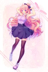 Rule 34 | 1girl, adjusting bow, ahoge, ankle boots, arm behind head, armpits, arms up, bare arms, bare shoulders, black bow, black thighhighs, boots, border, bow, breasts, collared shirt, colored shoe soles, commentary, commission, ear piercing, english commentary, food, food in mouth, full body, hair between eyes, hair bun, high-waist skirt, highres, jewelry, lace-up boots, lips, long hair, looking at viewer, making-of available, medium breasts, necklace, neko-rina, original, outline, outside border, painttool sai (medium), piercing, pink background, pink hair, pocky, pocky in mouth, purple boots, purple eyes, purple shirt, purple skirt, raised eyebrows, shirt, shirt tucked in, shoelaces, sideboob, single hair bun, skirt, smile, solo, sparkle, standing, standing on one leg, star (symbol), thighhighs, tia (sasucchi95), tight clothes, tight shirt, very long hair, watermark, wavy hair, white border, white outline, zettai ryouiki