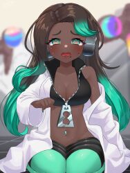 1girl amakusa_setoka aqua_eyes aqua_hair aqua_nails aqua_pantyhose black_shirt black_shorts blurry blurry_background blush breasts brown_hair cephalopod_eyes cleavage coat commentary_request crop_top crying crying_with_eyes_open dark-skinned_female dark_skin furrowed_brow fuzzy_ooze gradient_hair groin headphones highres horizontal_pupils humanization lab_coat long_hair long_sleeves marina_(off_the_hook_outfit)_(splatoon) marina_(splatoon) midriff mole mole_under_mouth multicolored_hair nail_polish navel navel_piercing nintendo off_shoulder open_mouth pantyhose pantyhose_under_shorts parted_bangs piercing pink_pupils shirt shorts single_bare_shoulder solo splatoon_(series) splatoon_3 sweat tears two-tone_hair wavy_hair white_coat wide_sleeves zipper zipper_pull_tab