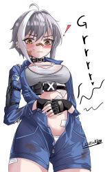 ! 1girl absurdres ammunition_pouch bandaid bandaid_on_face bandaid_on_nose blush breasts collar commentary cowboy_shot dirty dirty_clothes dirty_face ear_piercing embarrassed fingerless_gloves gloves goddess_of_victory:_nikke grey_hair hands_on_own_stomach highres holster hungry jumpsuit knife loang-lipe looking_at_viewer medium_breasts midriff_peek mori_(nikke) open_clothes open_jumpsuit piercing pouch short_hair signature spiked_collar spikes stomach_growling surprised tomboy unzipped wavy_mouth yellow_eyes zipper