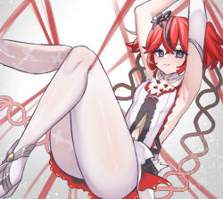1girl arms_up black_eyes black_flower camellya_(wuthering_waves) closed_mouth clothing_cutout commentary_request dress feet_out_of_frame flower hair_flower hair_ornament hair_vines highres looking_at_viewer pantyhose red_pupils short_hair sideless_dress single_leg_pantyhose smile solo stomach_cutout uissu white_dress white_pantyhose wuthering_waves