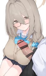 1boy 1girl absurdres akane_(blue_archive) akane_(school_uniform)_(blue_archive) bar_censor black-framed_eyewear black_pants black_skirt blue_archive blue_bow blue_bowtie blush bow bowtie breasts brown_cardigan brown_eyes brown_hair brown_halo cardigan censored closed_mouth commentary_request glasses hair_between_eyes halo hetero highres large_breasts long_hair looking_at_viewer mikozin miniskirt pants penis pleated_skirt rectangular_eyewear shirt simple_background skirt sleeves_past_fingers sleeves_past_wrists smile thighs white_background white_shirt