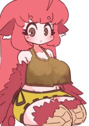 Rule 34 | 1girl, absurdres, ahoge, animal ears, bare shoulders, bird ears, bird legs, bird tail, blush, breasts, brown tank top, cleavage, coco (eogks), commentary, feathers, harpy, highres, large breasts, long hair, midriff, monster girl, nn (eogks), open mouth, original, red feathers, red hair, red wings, simple background, skirt, solo, tail, tank top, very long hair, white background, winged arms, wings, yellow skirt