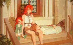 1boy 2girls absurdres bare_shoulders black_hairband black_pants blonde_hair blush cardigan character_request christina_greyrat commentary day english_commentary eris_greyrat green_cardigan grin hairband highres house lap_pillow long_hair lying mother_and_daughter multiple_girls mushoku_tensei navel on_back on_lap open_mouth outdoors pants red_eyes red_hair rudeus_greyrat shirt short_hair short_shorts shorts sitting sleeveless sleeveless_shirt smile tinivast twitter_username white_shirt wide-eyed window