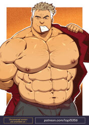 1boy abs absurdres artist_name bara belt biceps brown_hair coat denim feet_out_of_frame highres huge_pectorals jeans male_focus manly mature_male multicolored_hair muscular muscular_arms muscular_male napkin nintendo nipples one_eye_closed pants patreon_username pectorals pokemon pokemon_rgby samuel_oak simple_background smile solo thick_eyebrows topi_(topi5356) upper_body white_background white_hair yellow_background