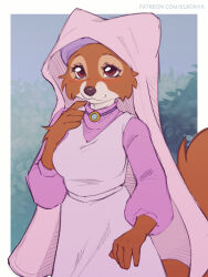 1girl artist_name brown_eyes brown_fur brown_tail dress elronya fox_girl furry highres looking_at_viewer maid_marian_(disney) patreon_username pink_dress pink_shirt robin_hood_(disney_movie) shirt sleeveless sleeveless_dress solo watermark web_address