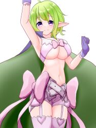 1girl absurdres ahoge arm_up armpits artist_name belt blush bow bra breasts cape dated female_focus fire_emblem fire_emblem_awakening garter_straps gloves green_cape green_hair heart highres large_breasts looking_at_viewer midriff female_morgan_(fire_emblem) multiple_belts navel neruth nintendo pink_belt pink_bow pink_bra pink_shorts pink_stockings pointy_ears purple_cape purple_eyes purple_gloves scale_print short_hair shorts smile solo thighhighs two-tone_cape underboob underwear waist_bow white_background