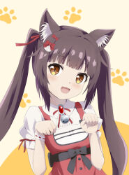 Rule 34 | 1girl, :3, :d, animal ear fluff, animal ears, bell, black bow, blush, bow, brooch, brown eyes, brown hair, buttons, cat ears, cat girl, chocola (nekopara), dot nose, feet out of frame, female focus, hair bow, hair ribbon, jewelry, long hair, looking at viewer, neck bell, neck ribbon, nekopara, open mouth, paw pose, paw print, paw print background, red bow, red ribbon, ribbon, short sleeves, smile, solo, twintails, zia5h