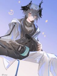 Rule 34 | 1boy, 1other, absurdres, arknights, black jacket, black shirt, blue background, blue hair, blush, commentary, couple, crescent moon, doctor (arknights), embarrassed, eve (meltdown), feet out of frame, frown, gradient background, hand on another&#039;s head, head wings, high collar, highres, hood, hood up, hooded jacket, horns, jacket, lap pillow, logos (arknights), looking at another, lying, mask, moon, on back, pants, shirt, sitting, star (symbol), twitter username, upper body, white jacket, white pants, wings