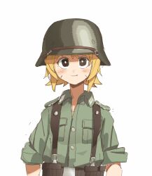 1girl black_eyes blonde_hair breast_pocket closed_mouth combat_helmet commentary_request fang green_jacket hagetaro1221 helmet highres jacket looking_at_viewer original pocket scar short_hair simple_background sleeves_rolled_up smile solo stahlhelm upper_body wehrmacht white_background world_war_ii