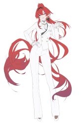 1girl absurdres alternate_costume black_hairband breasts buttons collared_shirt double-breasted gloves hairband hand_on_own_hip hand_up high_ponytail highres jacket large_breasts long_hair long_sleeves necktie pants ponytail red_hair shirt simple_background solo suit_jacket very_long_hair white_background white_gloves white_jacket white_necktie white_pants white_shirt wuthering_waves yinlin_(wuthering_waves) youngjoo_kjy