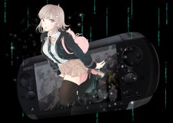 1girl :o absurdres animal_bag arms_at_sides backpack bag black_background black_jacket black_shirt black_thighhighs blush breasts brown_skirt cat_bag collared_shirt commentary_request danganronpa_(series) danganronpa_2:_goodbye_despair dress_shirt flipped_hair hair_ornament handheld_game_console heyum_(memolistwit) highres hood hood_down hooded_jacket jacket koizumi_mahiru komaeda_nagito kuzuryu_fuyuhiko light_brown_hair long_sleeves looking_at_viewer medium_breasts mioda_ibuki mosaic_background nanami_chiaki open_clothes open_jacket open_mouth owari_akane pink_bag pink_eyes pink_ribbon pink_shoes playstation_portable pleated_skirt ribbon shirt shirt_tucked_in shoes skirt smile soda_kazuichi solo sony spaceship_hair_ornament thighhighs tsumiki_mikan white_shirt zettai_ryouiki