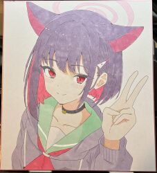 1girl absurdres animal_ears black_choker black_jacket blue_archive blush cat_choker cat_ears choker collarbone colored_inner_hair commentary drawstring green_sailor_collar halo hand_up highres hood hood_down hooded_jacket jacket kazusa_(blue_archive) kurumi_kororin long_hair long_sleeves looking_at_viewer marker_(medium) medium_hair multicolored_hair neckerchief photo_(medium) pink_hair pink_halo pink_neckerchief purple_hair red_eyes sailor_collar shikishi sidelocks smile solo symbol-only_commentary traditional_media very_long_hair