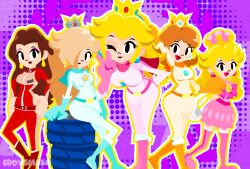 5girls artist_name biker_daisy biker_peach biker_rosalina bodysuit brooch closed_mouth commentary crown eddysmash2407 english_commentary eyelashes flower_brooch highres jewelry long_hair looking_at_viewer mario_(series) mario_kart multiple_girls nintendo one_eye_closed open_mouth pauline_(mario) peachette princess_daisy princess_peach rosalina smile star_brooch v very_long_hair watermark