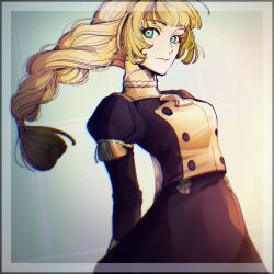 Rule 34 | 1girl, black dress, blonde hair, braid, breasts, closed mouth, commentary, dress, epaulettes, fire emblem, fire emblem: three houses, garreg mach monastery uniform, green eyes, highres, ingrid brandl galatea, long hair, long sleeves, looking at viewer, medium breasts, mofu2chikuwa, nintendo, simple background, smile, solo
