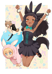 1boy 2girls animal_ears animal_hood armpits backpack bag batta_(kanzume_quality) black_hair blue_eyes bow bowtie commentary_request dark-skinned_female dark_skin dress fake_animal_ears fangs fox_ears fox_girl fox_son_(batta_(kanzume_quality)) fox_tail ghost green_bow green_bowtie hood jumping kitsune_no_oyome-chan kitsune_no_oyome-chan_to_musuko-chan looking_at_viewer multiple_girls open_mouth orange_hair outside_border paid_reward_available pajamas rabbit_ears rabbit_hood rabbit_pajamas raccoon_ears raccoon_girl raccoon_tail riding simple_background strapless strapless_dress tail white_dress wrist_cuffs
