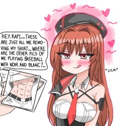 bow bowtie commander_(nikke) goddess_of_victory:_nikke heart holding muscular original picture_frame rapi_(nikke) rapi_(red_hood)_(nikke) red_bow red_bowtie reign_(user_pgfa7472) tongue tongue_out