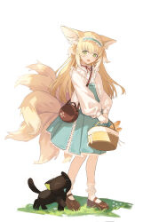 1boy 1girl absurdres animal_ears arknights bag baguette basket blonde_hair blue_skirt bread brown_sandals chenmu_sora chinese_commentary closed_eyes commentary_request food fox_ears fox_girl fox_tail grass green_eyes high-waist_skirt highres holding holding_basket kitsune long_hair long_sleeves looking_at_another looking_down luo_xiaohei luo_xiaohei_(cat) luo_xiaohei_zhanji mary_janes multiple_tails official_alternate_costume open_mouth puffy_sleeves sandals shirt shoes simple_background skirt smile socks suzuran_(arknights) suzuran_(spring_praise)_(arknights) tail white_background white_shirt white_socks