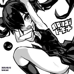 1girl ahoge armpits arms_up ass backbeako_(torotei) backbeard blush breasts commentary dated dated_commentary dress dutch_angle gegege_no_kitarou gloves greyscale hair_over_one_eye hair_ribbon knee_up kneehighs kono_lolicon_domome long_hair looking_at_viewer monochrome neckerchief no_gloves open_mouth original paid_reward_available pointy_ears ribbon simple_background sleeveless sleeveless_dress small_breasts socks solo sweat torotei translated twintails watermark web_address white_background