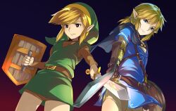 Rule 34 | 2boys, belt, black capelet, black eyes, blonde hair, blue eyes, blue tunic, bright pupils, brown belt, brown gloves, brown pants, brown shorts, brown sleeves, capelet, champion&#039;s tunic (zelda), closed mouth, commentary request, dual persona, earrings, fingerless gloves, gloves, gradient background, green hat, green tunic, hair tie, hat, holding, holding shield, holding sword, holding weapon, in-franchise crossover, jewelry, layered sleeves, left-handed, link, long sleeves, male focus, multiple boys, nintendo, pants, pointy ears, ponytail, shield, short over long sleeves, short ponytail, short sleeves, shorts, sidelocks, sparks, sword, the legend of zelda, the legend of zelda: breath of the wild, the legend of zelda (nes), tunic, weapon, white pupils, yuuki shin