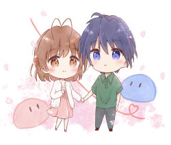 Rule 34 | 1boy, 1girl, antenna hair, blue eyes, blue hair, blush, brown eyes, brown hair, cardigan, casual, chibi, clannad, closed mouth, commentary request, couple, dango daikazoku, dress, falling petals, furukawa nagisa, green shirt, hair between eyes, hair ornament, hairclip, heart, heart of string, hetero, highres, holding hands, looking at viewer, medium hair, okazaki tomoya, open cardigan, open clothes, petals, pink dress, sakura aki, shirt, short hair, short sleeves, simple background, smile, spiked hair, straight-on, white background, white cardigan