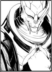 1boy 1other alien garrus_vakarian greyscale holding_hands mass_effect_(series) monochrome solo solo_focus tumblr turian wei white_background