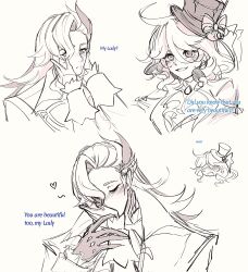 1boy 1girl blush bow collar couple english_text furina_(genshin_impact) genshin_impact gloves hair_between_eyes hand_on_another&#039;s_cheek hand_on_another&#039;s_face hat heart hetero highres kiss kissing_hand long_hair monochrome neuvillette_(genshin_impact) short_hair sketch vaffie_s wrist_cuffs