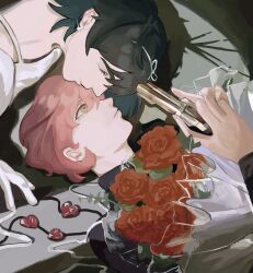 Rule 34 | 2girls, alien stage, black hair, bouquet, commentary, english commentary, flower, gun, gun to head, heart, highres, holding, holding gun, holding weapon, looking at another, lying, mizi (alien stage), multiple girls, on back, pannpanboo, pink hair, red flower, rose, short hair, sua (alien stage), weapon, yellow eyes