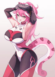 1girl absurdres animal_ears armpits black_bodysuit black_gloves bodysuit breasts commentary covered_navel curvy elbow_gloves fang gloves high_ponytail highres hololive hololive_english kaiju_ryoku large_breasts long_hair mecha_pilot_suit multicolored_bodysuit multicolored_hair open_mouth panther_ears panther_girl panther_tail pink_bodysuit pink_hair ponytail raora_panthera red_bodysuit sideboob smile solo streaked_hair tail thick_thighs thighs twitter_username two-tone_hair virtual_youtuber white_background white_bodysuit white_hair yellow_eyes