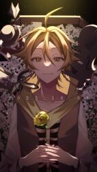 1boy absurdres alicein_mikuni all_of_love all_of_love_(butterfly_form) blonde_hair bone bracelet braid bug butterfly card chess_piece doll doubt_doubt doubt_doubt_(snake_form) flower highres holding holding_flower insect instrument jewelry male_focus nathu_mochi orange_eyes scarf servamp short_hair side_braid snake violin white_flower yellow_flower yellow_scarf