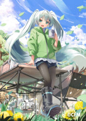 1girl aqua_eyes aqua_hair black_boots black_pantyhose blue_shorts boots chair cloud cloudy_sky commentary_request copyright_notice cup daidou_(demitasse) dandelion day dress falling_leaves falling_petals flower folding_chair from_below green_jacket hair_intakes hatsune_miku holding holding_cup jacket kettle leaf leaning_back leaning_on_table light_blush lily_of_the_valley logo long_hair looking_at_viewer nature net official_art open_mouth outdoors pantyhose pantyhose_under_shorts petals shorts shorts_under_dress sky smile solo sunlight table twintails very_long_hair vocaloid white_dress white_flower yellow_flower