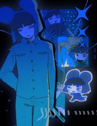 Rule 34 | 1boy, arm behind back, black background, blue theme, card, commentary request, cowboy shot, extra eyes, highres, holding, holding card, holding needle, looking at viewer, male focus, military uniform, monochrome, mouse hat, multiple views, needle, playing card, randal&#039;s friends, ratman 4 (randal&#039;s friends), sewing needle, sharp teeth, shieriru, short hair, teeth