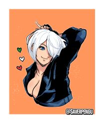 1girl angel_(kof) blue_eyes breasts cleavage female_focus gloves heart highres jacket leather leather_gloves leather_jacket medium_breasts pale_skin saverpengu short_hair smile smiley_face solo the_king_of_fighters white_hair