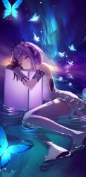 Rule 34 | 1girl, absurdres, bare shoulders, black tiara, blue butterfly, bow, bug, butterfly, castorice (honkai: star rail), doka l, dress, gloves, highres, honkai: star rail, honkai (series), insect, long hair, looking at viewer, parted lips, pointy ears, purple eyes, purple gloves, purple hair, shoes, thighhighs, tiara, water, white bow, white dress, white shoes, white thighhighs