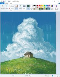 Rule 34 | art program in frame, christian young, cloud, cloudy sky, commentary, day, fence, hill, house, landscape, meadow, microsoft paint (medium), microsoft paint (software), no humans, original, outdoors, painterly, scenery, screencap, sky, sky focus, wooden fence
