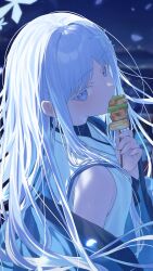 1girl absurdres blue_archive colored_eyelashes food hair_ornament halo highres holding holding_skewer kuchisode nagusa_(blue_archive) sailor_collar school_uniform serafuku skewer snowflake_hair_ornament solo white_eyelashes white_eyes white_halo white_sailor_collar white_serafuku yakitori