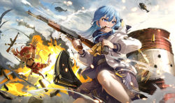 akm assault_rifle gun highres hololive hoshimachi_suisei hoshimachi_suisei_(school_uniform) kalashnikov_rifle kito_koruta rifle sakura_miko sakura_miko_(work) tagme virtual_youtuber weapon