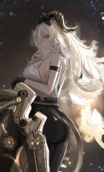 1girl arm_strap bare_shoulders black_gloves black_horns black_pants black_tail breasts closed_mouth commentary cowboy_shot curled_horns from_side gloves highres horns large_breasts long_hair looking_at_viewer pants profile red_eyes shirt shirt_tucked_in solo vincentime white_hair white_shirt wuthering_waves zani_(wuthering_waves)