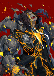 Rule 34 | 1boy, animal ears, armor, basilio (metaphor: refantazio), berserker (archetype), black coat, black hair, black pants, braid, coat, commentary request, cowboy shot, dark-skinned female, dark-skinned male, dark skin, debris, facial mark, head back, highres, looking to the side, male focus, metaphor: refantazio, mgmgdes61, open mouth, pants, red background, red eyes, scar, scar on face, side braid, sideways glance, solo, standing, teeth, tongue, tongue out