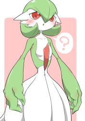 1girl :o ? arms_at_sides blush bob_cut border breasts collarbone colored_skin female_focus gardevoir gen_3_pokemon green_hair green_skin hair_between_eyes half-closed_eyes highres kazamidoririnn multicolored_skin narrow_waist nintendo open_mouth outside_border pink_background pokemon pokemon_(creature) red_eyes short_hair simple_background small_breasts solo speech_bubble spoken_question_mark standing two-tone_skin white_border white_skin