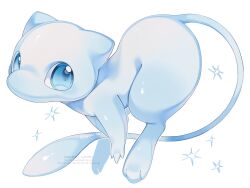 Rule 34 | alternate color, blue eyes, commentary, gen 1 pokemon, highres, iwasi 29, legendary pokemon, looking at viewer, mew (pokemon), mythical pokemon, nintendo, no humans, pokemon, pokemon (creature), pokemon focus, shiny pokemon, simple background, solo, symbol-only commentary, twitter username, watermark, white background