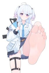 Rule 34 | 1girl, absurdres, ahoge, ar-15, assault rifle, bare legs, barefoot, blue necktie, blue skirt, blush, closed mouth, collared shirt, embarrassed, eyelashes, feet, foot focus, foot up, foreshortening, gradient hair, grey hair, gun, hair ornament, hairclip, hand up, high-waist skirt, highres, jacket, long hair, long sleeves, looking at viewer, multicolored hair, necktie, okamoto nagi, open clothes, open jacket, panties, pink hair, pleated skirt, purple eyes, rifle, shirt, short sleeves, simple background, skindentation, skirt, soles, solo, stepping, thigh strap, thighs, toes, two side up, underwear, virtual youtuber, vshojo, weapon, white background, white jacket, white panties, white shirt, wl217 (nicexa111)