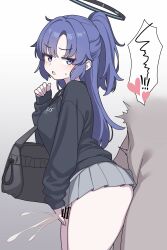 1boy 1girl absurdres alternate_costume bar_censor black_halo black_hoodie blue_archive breasts censored cum ejaculation erection grey_skirt grinding halo heart hetero highres hood hood_down hoodie large_breasts long_sleeves mechanical_halo miniskirt penis ponytail projectile_cum purple_eyes purple_hair skirt solo_focus speech_bubble spoken_heart thick_thighs thigh_sex thighs vector_(dmlddmld00) yuuka_(blue_archive)