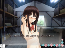 Rule 34 | 1girl, black hair, blush, breasts, closed eyes, dialogue box, female focus, gym storeroom, hisahara shizuku, hosi-gaki, indoors, long hair, naked school attendance, neck ribbon, nipples, nude, original, ribbon, shitou (4h), small breasts, solo, translation request, zenra toukou school