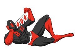 Rule 34 | 1boy, abs, absurdres, black hole (kinnikuman), boots, gloves, hand on own face, highres, hole in face, kinnikuman, letter banner, lying, male focus, muscular, muscular male, on side, red footwear, red gloves, simple background, sushio, white background, wrestling outfit, wrestling trunks