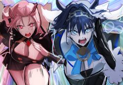Rule 34 | 2girls, absurdres, animal ears, blue hair, breasts, chain, chain headband, cleavage, daaku (koizumi arata), detached sleeves, gloves, glowing, glowing eyes, hair intakes, highres, hololive, hololive english, horse ears, long hair, mori calliope, mori calliope (1st costume), multicolored hair, multiple girls, open mouth, ouro kronii, ouro kronii (1st costume), pink eyes, pink hair, running, short hair, sweat, umamusume, virtual youtuber