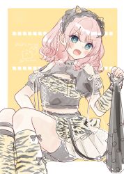 1girl animal_print black_shirt black_shorts blue_eyes border braid brown_background cleavage_cutout clothing_cutout club club_(weapon) commentary_request fake_horns fangs feet_out_of_frame hair_between_eyes hair_ornament hairclip highres horns kanabou looking_at_viewer loose_socks open_mouth original pink_hair pleated_skirt print_socks puffy_short_sleeves puffy_sleeves rino_cnc shirt short_sleeves shorts shorts_under_skirt shoulder_cutout skirt socks solo tiger_print v-shaped_eyebrows weapon white_border white_skirt