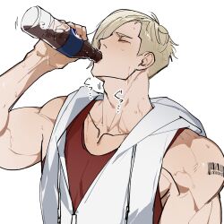 1boy absurdres arama_same arm_up asymmetrical_hair barcode barcode_tattoo bare_shoulders blonde_hair bottle closed_eyes collarbone commentary_request drawstring drink drinking ed_(street_fighter) hair_over_one_eye highres holding holding_bottle hood hood_down hoodie male_focus muscular muscular_male official_alternate_costume one_eye_covered pepsi red_shirt shirt short_hair shoulder_tattoo simple_background sleeveless sleeveless_hoodie soda street_fighter street_fighter_6 sweat tattoo upper_body white_background white_hoodie zipper_pull_tab