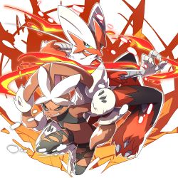 animal_nose back-to-back bad_id bad_pixiv_id blaziken fighting_stance fire furry gen_3_pokemon gen_4_pokemon highres iida_(mesida_mgmg) lopunny mega_blaziken mega_lopunny mega_pokemon nintendo pokemon pokemon_(creature) snout teeth