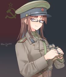 Rule 34 | 1girl, absurdres, artist name, belt, binoculars, brown belt, brown coat, brown hair, buttons, closed mouth, coat, collar tabs, commentary, double-breasted, flag background, glasses, green hat, green jacket, hammer and sickle, hat, highres, holding, holding binoculars, jacket, leochan1202, long hair, long sleeves, looking at viewer, military, military rank insignia, military uniform, original, peaked cap, purple eyes, red star, semi-rimless eyewear, shoulder boards, sidelocks, smile, solo, soviet army, soviet flag, star (symbol), under-rim eyewear, upper body, world war ii